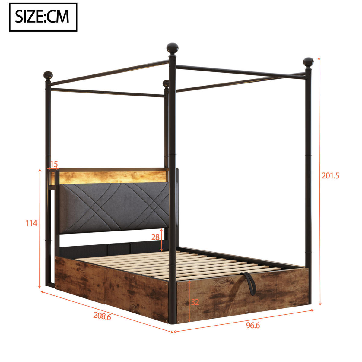 KOVOVÁ postel 90/190 cm s odnímatelným baldachýnem, LED osvětlením, USB a úložným prostorem, Černá - černá, kov (90/190cm) - Redom