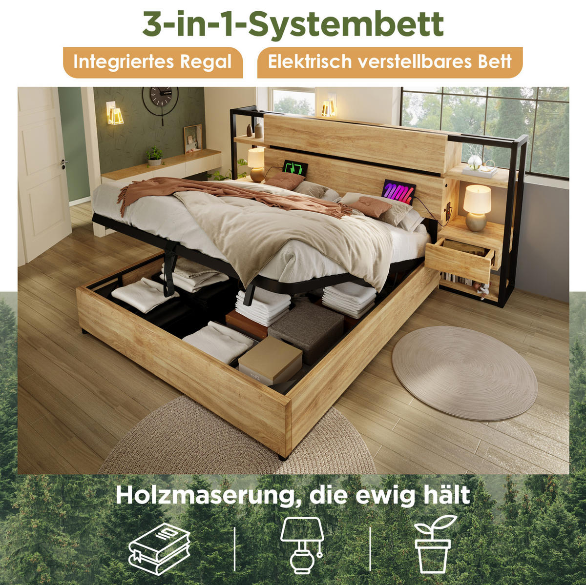 DVOJLŮŽKOVÁ postel z MDF a kovu 180x200 cm dubová s úložným čelem, USB a Type-C nabíjením - barva dubu, kompozitní dřevo (180/200cm) - Modfu