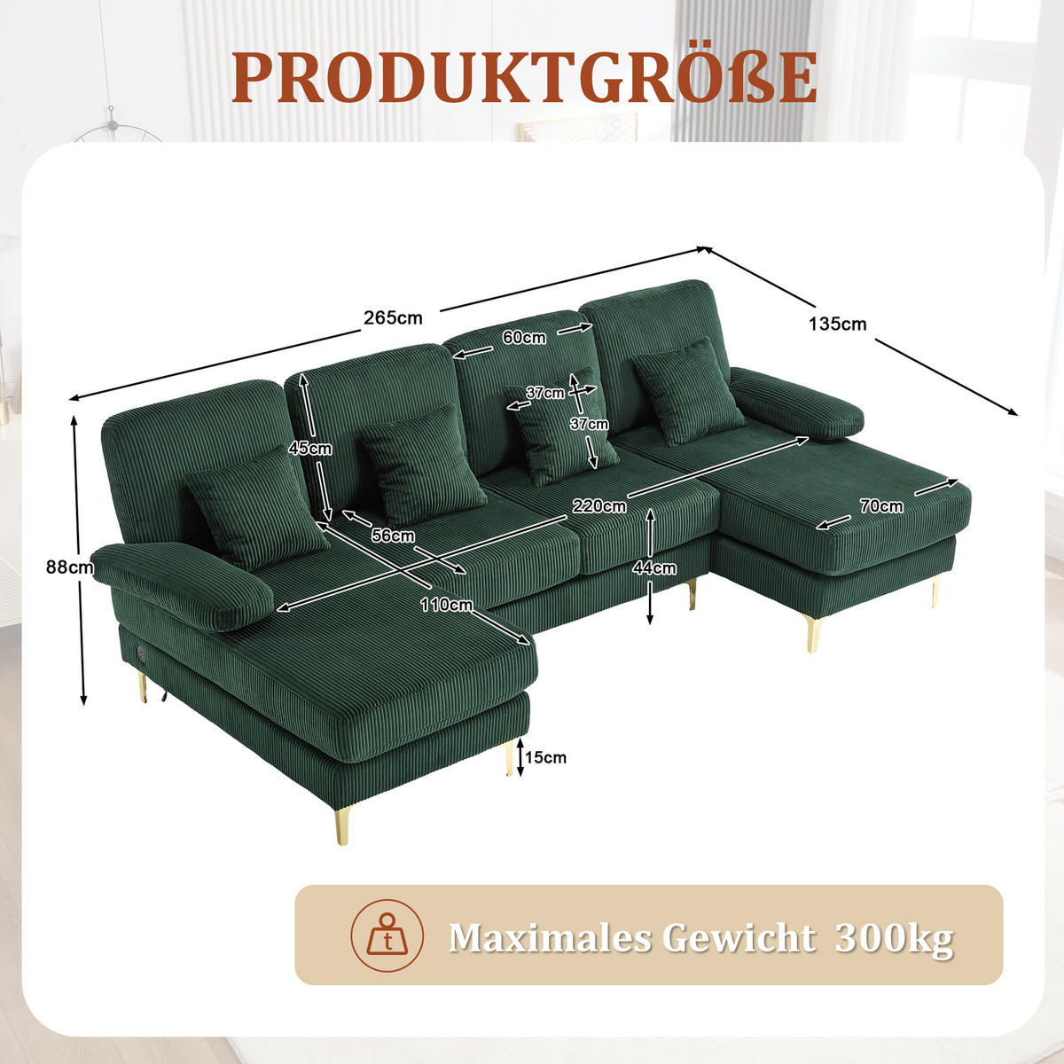 U-FORM Wohnlandschaft Samt mit LED und USB-Anschluss 265/135/88 cm Smaragdgrün - Smaragdgrün, Textil (135/88/265cm) - Redom