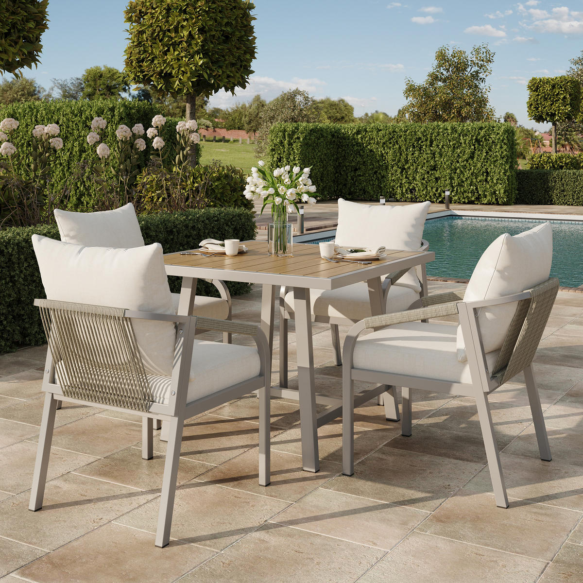 GARTENSETS aus Stahl in Beige mit Seilgeflecht-Design - Beige, Metall - Modfu