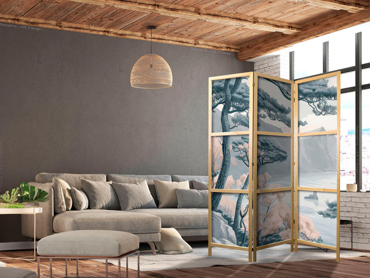 PARAVENT Japanischer 3-tlg 135x172 cm Berg Landschaft - Grau, Holz/Textil (135/172/3cm) - Muralo