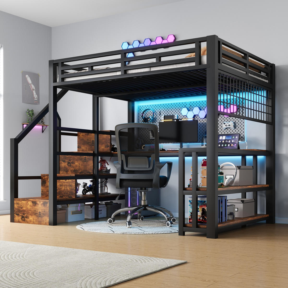 HOCHBETT 140/200 cm in Schwarz – mit Schreibtisch, Stauraumtreppe und LED - Schwarz, Metall (140/200cm) - BEAOK