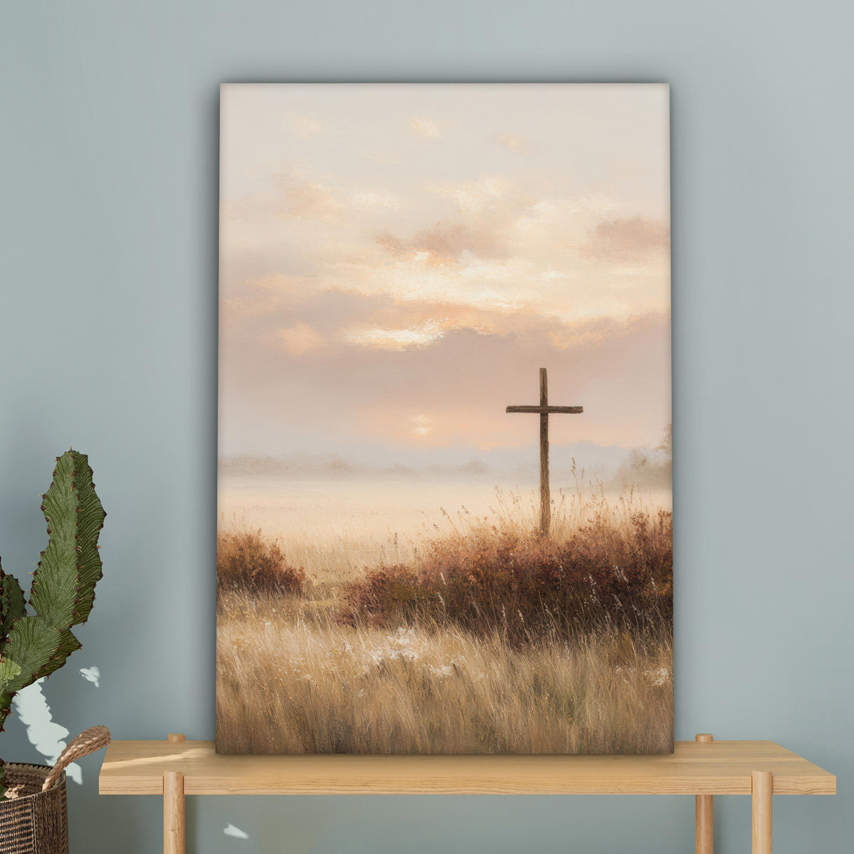 LEINWANDBILD Gras - Morgennebel - Kreuz - Christentum Wanddeko Schlafzimmer 60x90 cm - Beige, Textil (60/90cm) - MuchoWow