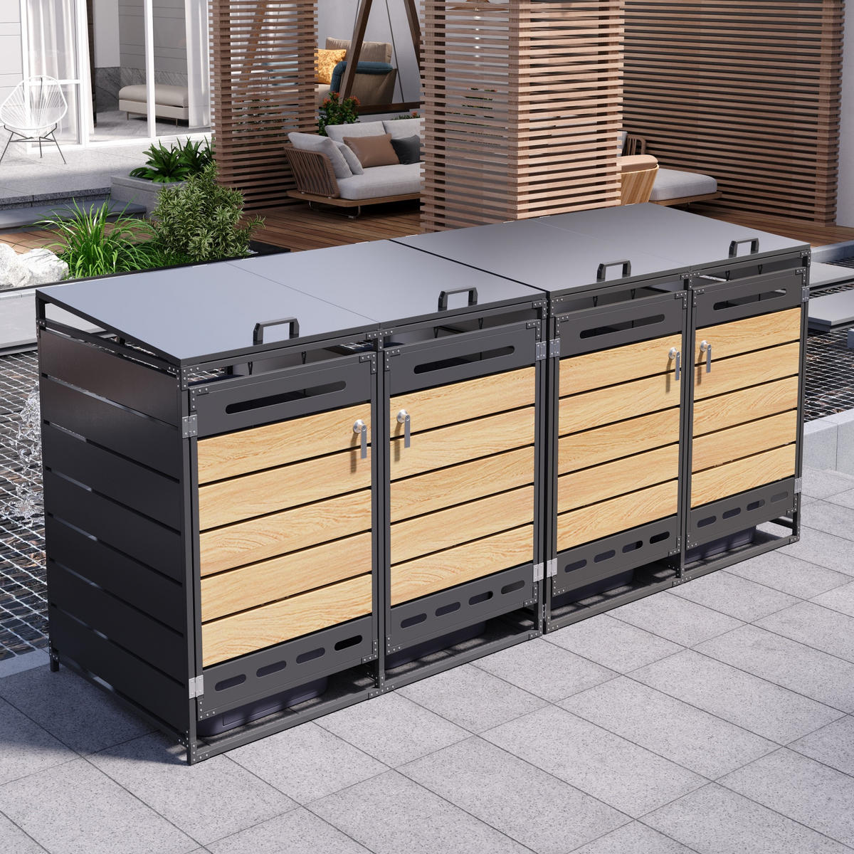 MÜLLTONNENBOX 4er Set Hydraulik Deckel Holzoptik horizontal Schloss - Schwarz, Metall (262/116/79cm) - LEBENLANG