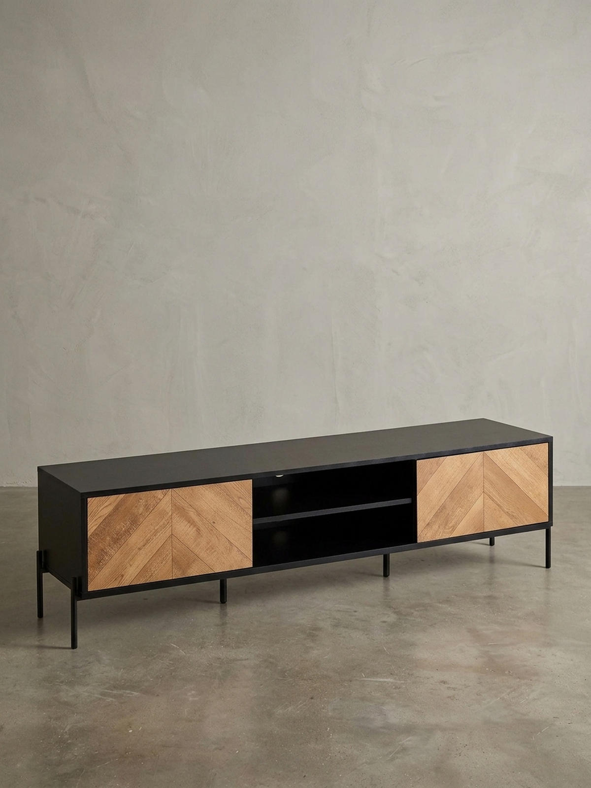 LOWBOARD Modern Stil mit V-Muster für 70-Zoll Fernseher - Schwarz, Holz/Metall (163/45/40cm) - KADIMA DESIGN