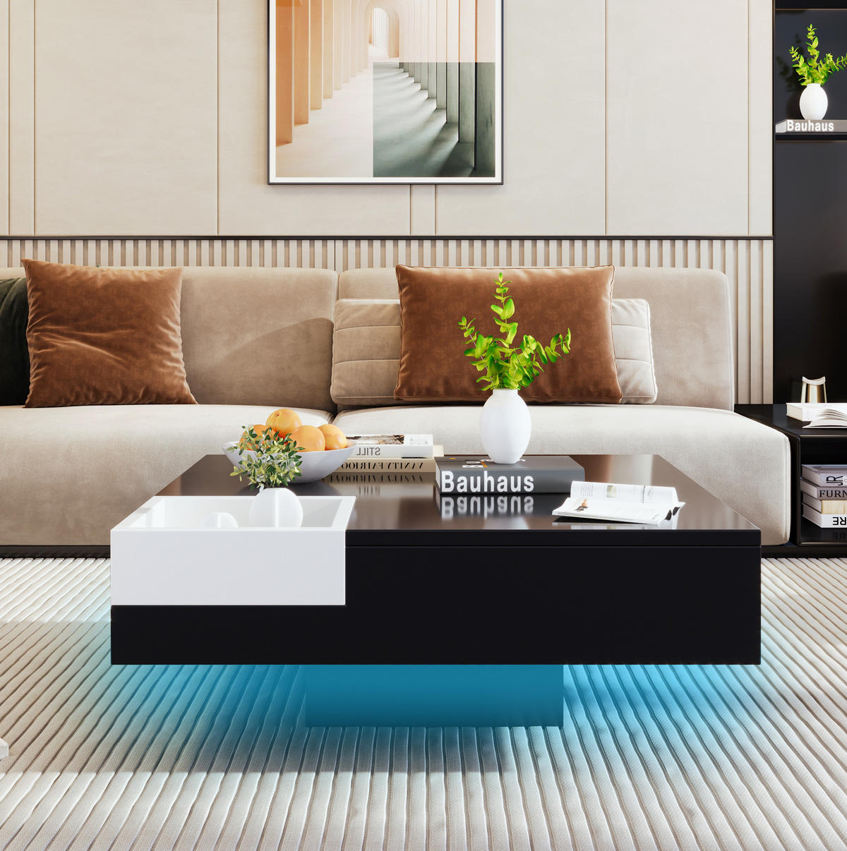 COUCHTISCH, Hochglanz-Design auf Spanplatte, abnehmbare Aufbewahrungsbox & RGB-LED, 72/72/30 cm, Schwarz + weiß - Schwarz, Holzwerkstoff (72/72/30cm) - Redom
