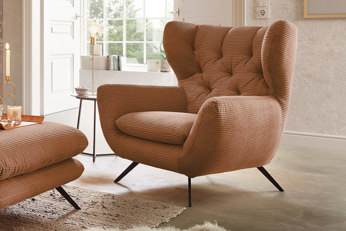 SESSEL CHARME Braun Cord - Schwarz/Braun, Textil/Metall (100/106/95cm) - KAWOLA