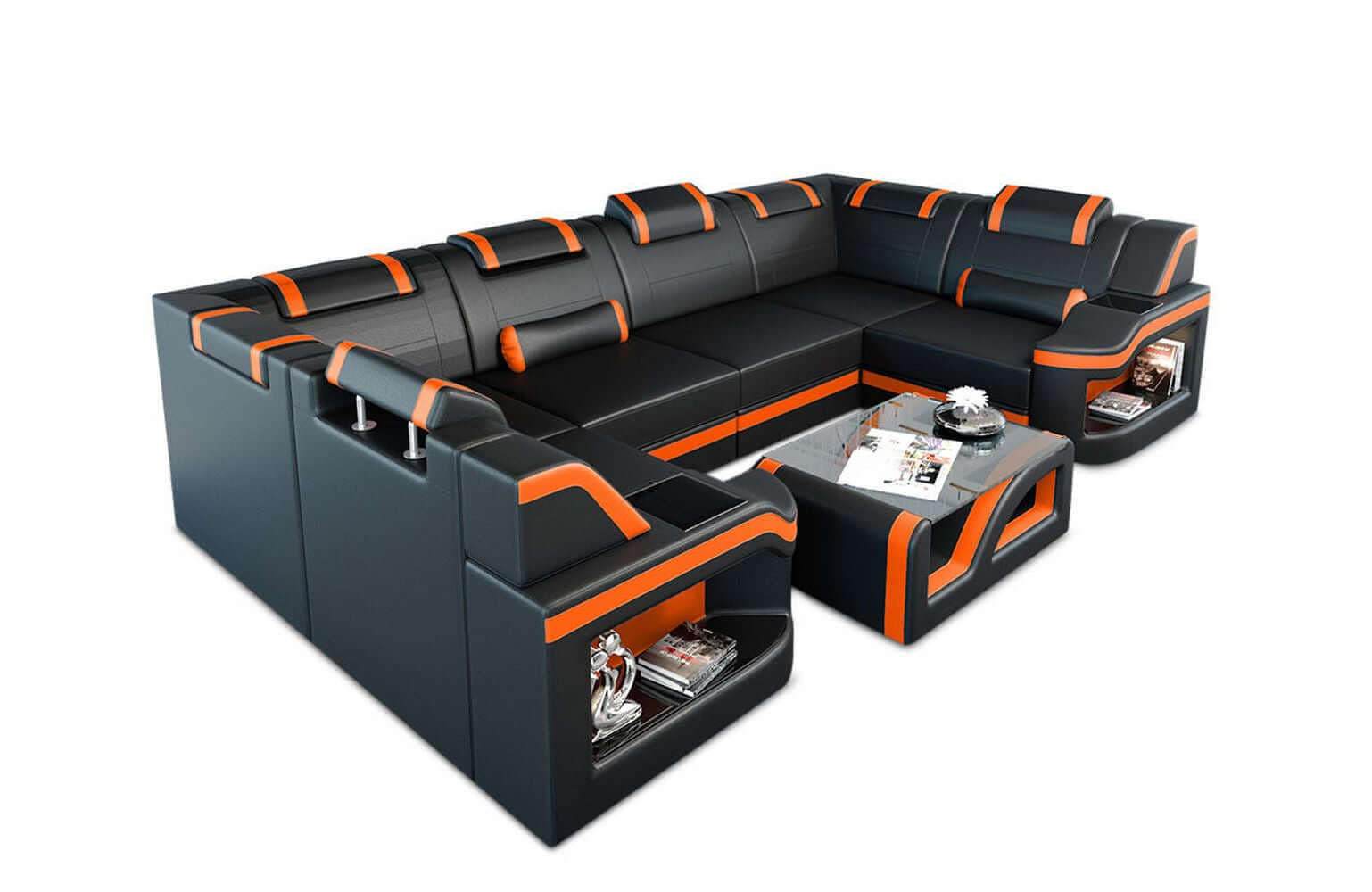 WOHNLANDSCHAFT Sofa Padua U Schwarz Orange Kunstleder - Schwarz, Textil (308/80/185cm)