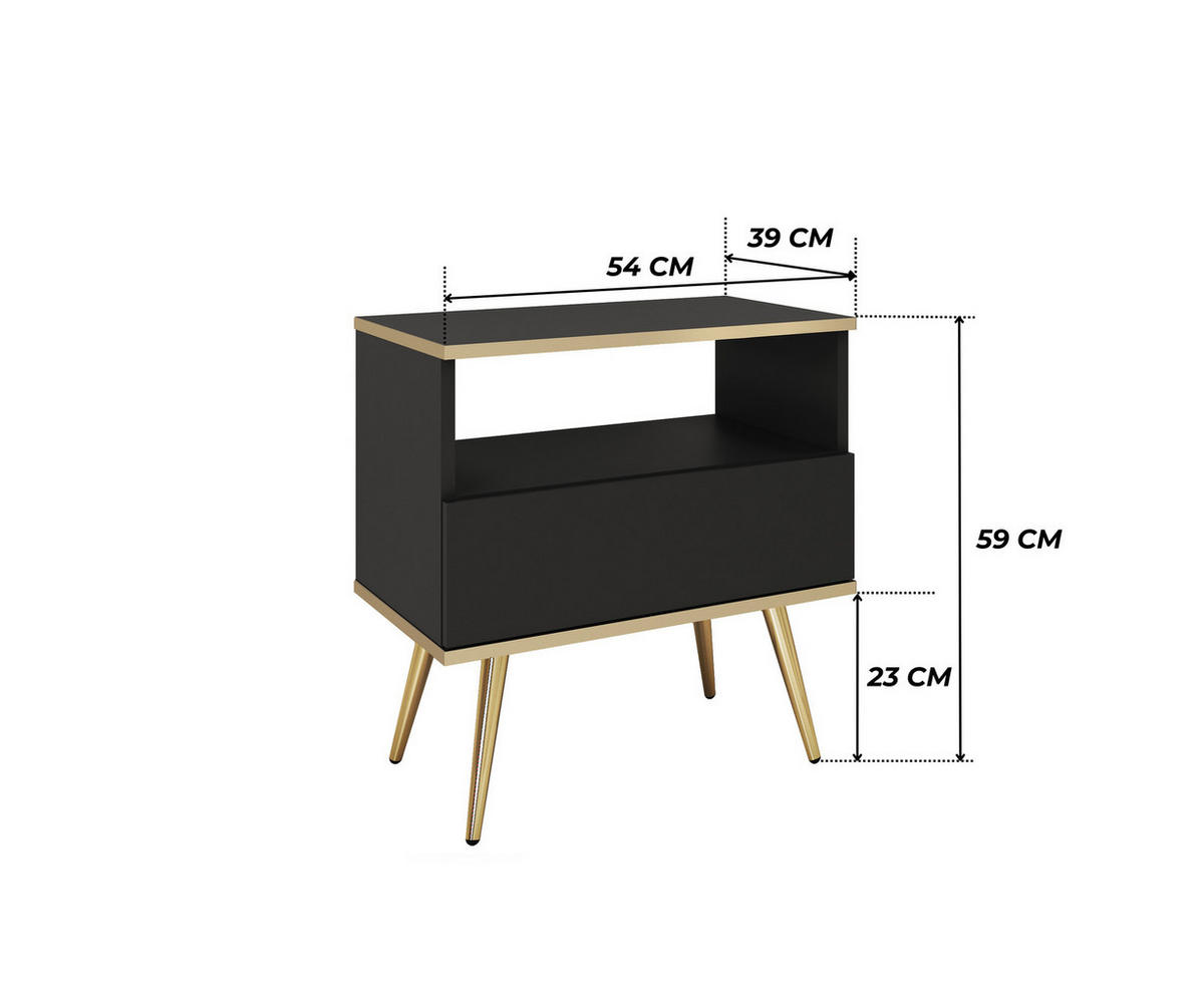 NACHTTISCH FORNO (Schwarz, Goldene Details, 1 Schublade, offenes Fach, goldene Metallfüße) - Gelb/Goldfarben, Holz/Holzwerkstoff (54/59/39cm) - Ravio
