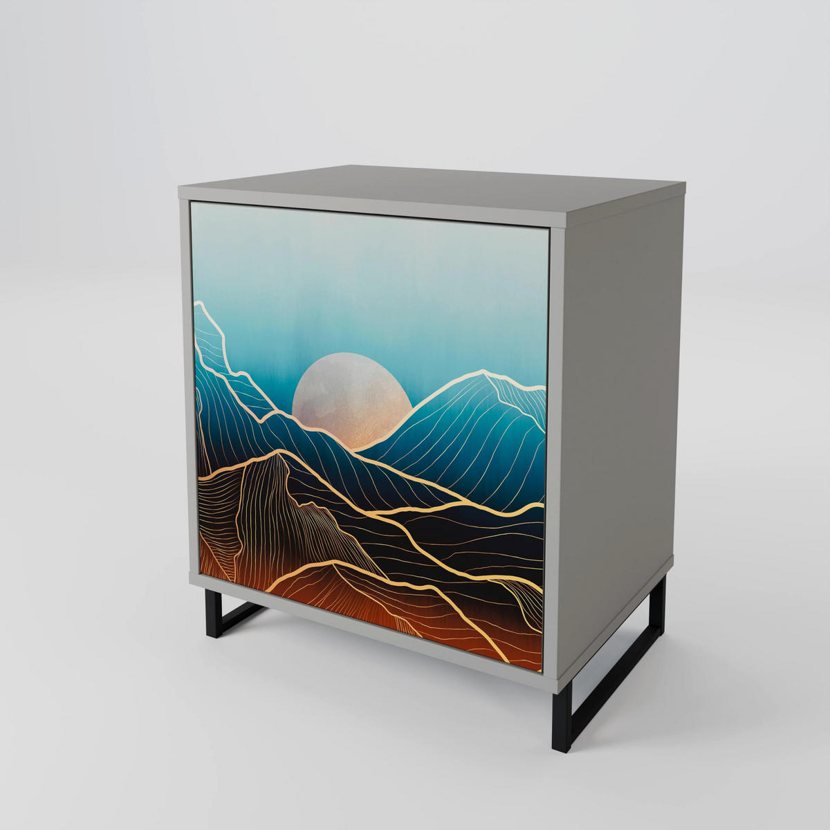 SIDEBOARD LUNAR SECRETS, Grau, 57,5x42x75,5 cm, Goldfarbene Metallfüße - Goldfarben/Multicolor, Holzwerkstoff/Metall (57.5/75.5/42cm) - SpaceRebels