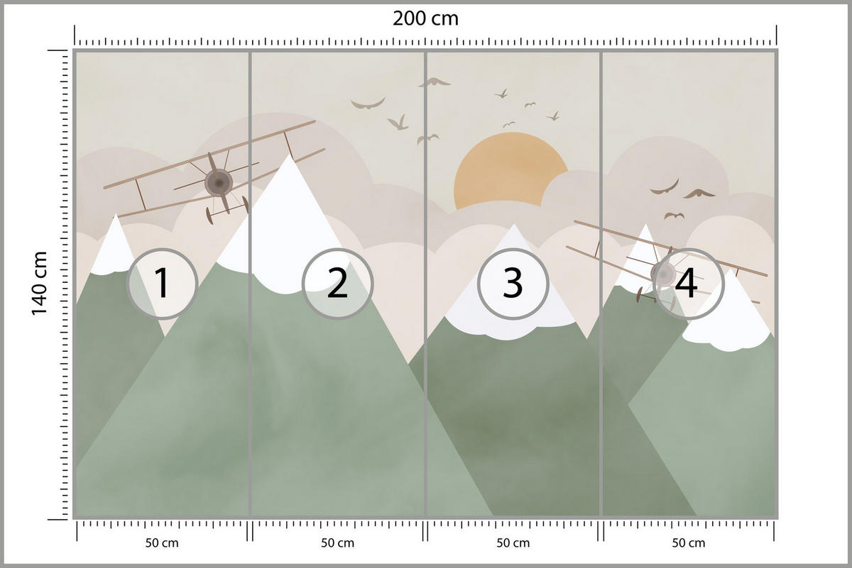 FOTOTAPETE für Kinderzimmer Berge Flugzeuge Wolken 200x140 - Beige/Orange, Papier (200/140cm) - Muralo
