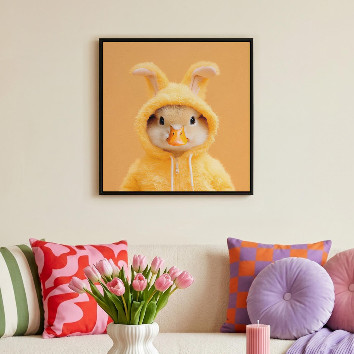 LEINWAND Bilder mit Rahmen - Osterhase - Kostüm - Ente - 50x50 - Gelb, Textil (50/50cm) - MuchoWow