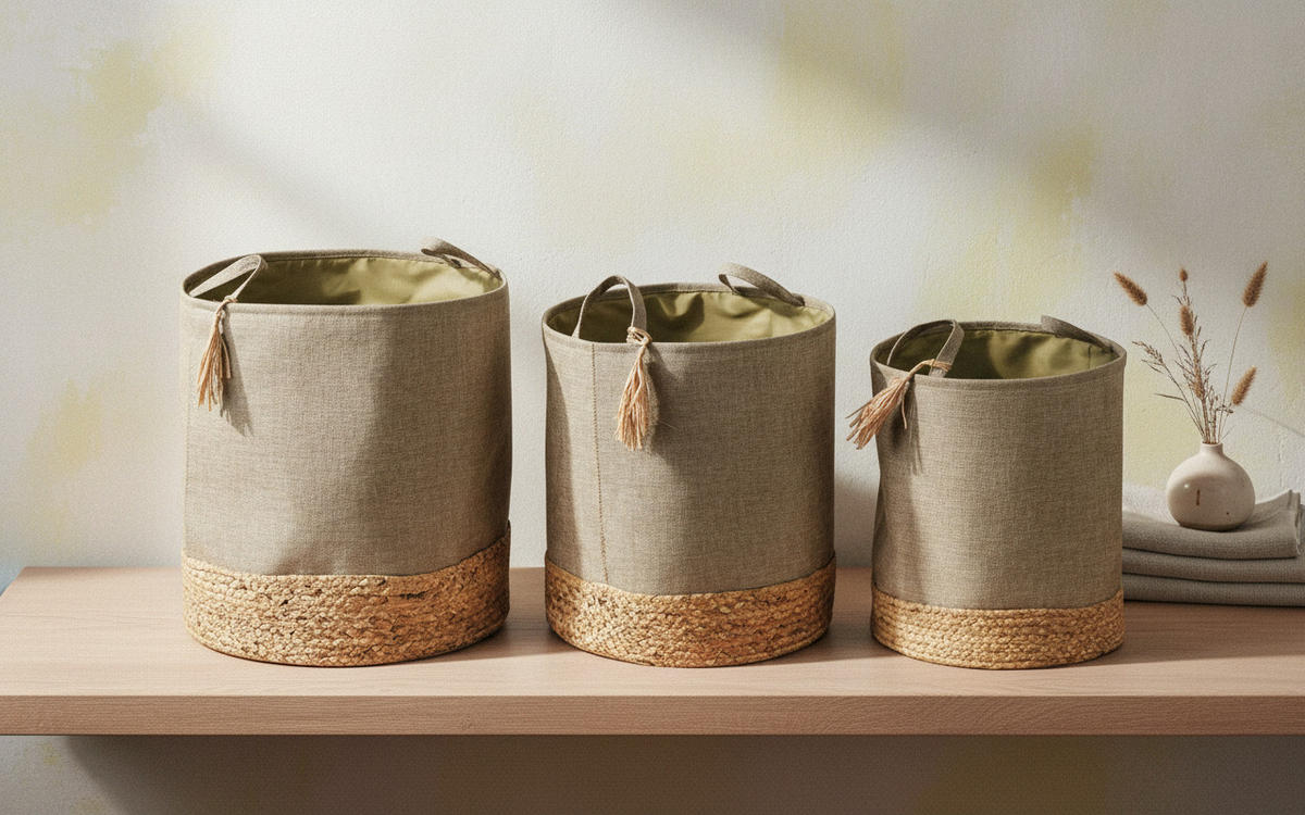 KORB Amparo 3er Set beige 42/42/46cm Stoff - Beige, Kunststoff (42/46/42cm) - Mondex