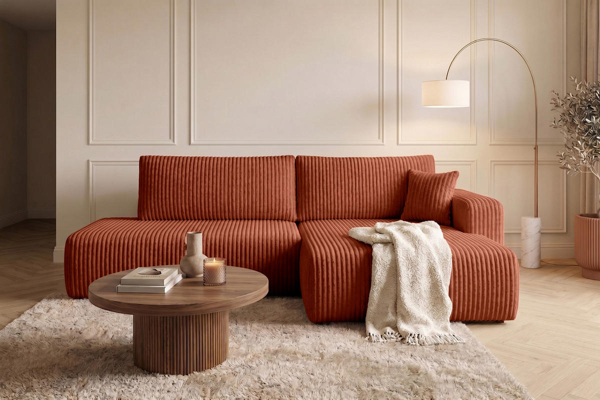 ECKSOFA Mit Schlaffunktion Und Bettkasten, Cordstoff Tilia, Kupfer, Rechts, OPEN XL - Orange, Holz (262/145cm) - Kaiser Möbel