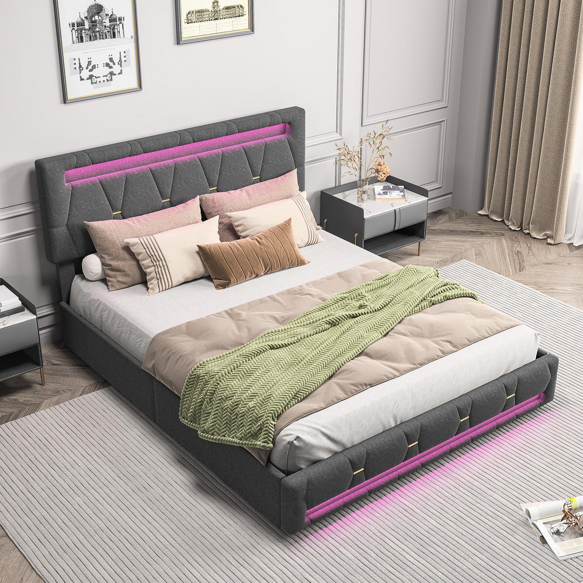 POLSTERBETT 140x200 Grau Leinen LED - Grau, Metall (140/200cm) - SHOPENTRA
