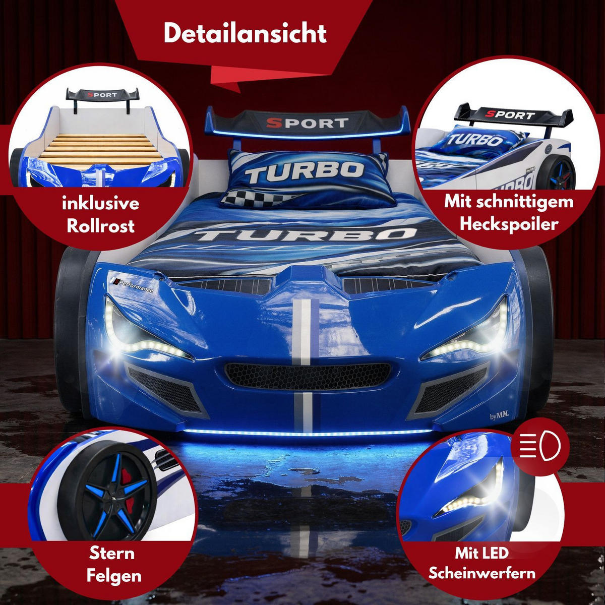AUTOBETT GTE mit Rollrost, Licht und Sound Farbe Blau - Blau, Holzwerkstoff (90/200cm) - Coemo
