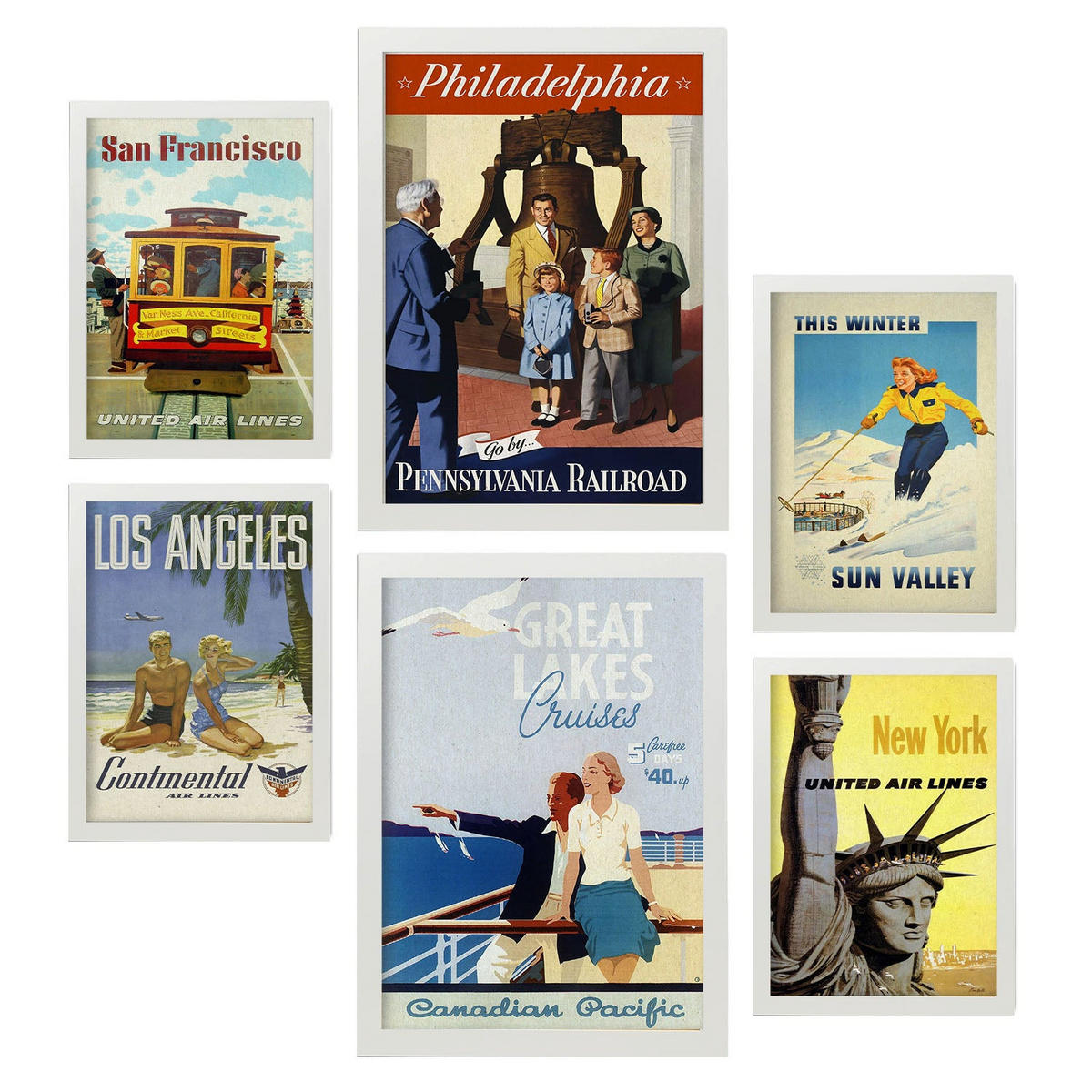 POSTER Set Mit 6 Vereinigte Staaten Vollfarbige Illustrationen Von Vintage Tourismus Werbetafeln Aus Der Ganzen Welt A3 & A4 Weißer Rahmen - Weiß, Papier (29/3cm) - Nacnic