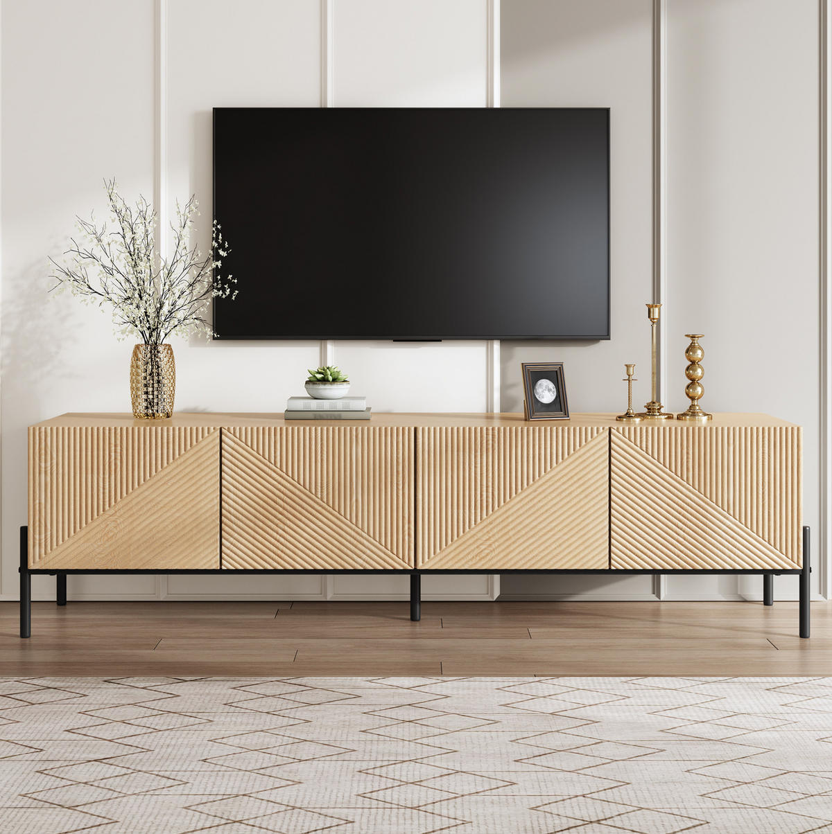 TV-LOWBOARD 163,5/40/45 cm mit 4 Türen, Push-to-Open und Kabeldurchlässen, Natur - Hellbraun, Holzwerkstoff (163.5/45/40cm) - Redom