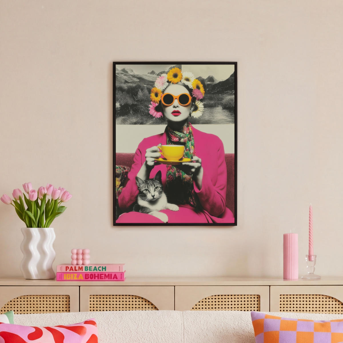 LEINWAND Bilder mit Rahmen - Frau - Katze - Blumen - Tasse - Retro - 50x70 - Magenta, Textil (50/70cm) - MuchoWow