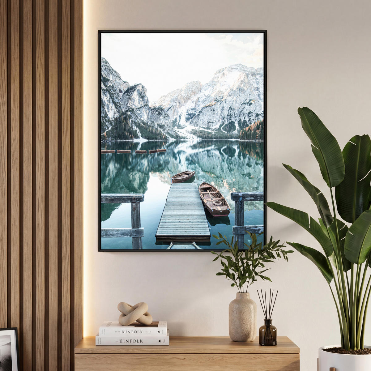 LEINWAND Bilder mit Rahmen - Natur - Berge - Schnee - Wald - Boot - 70x100 - Hellgrün, Textil (70/100cm) - MuchoWow