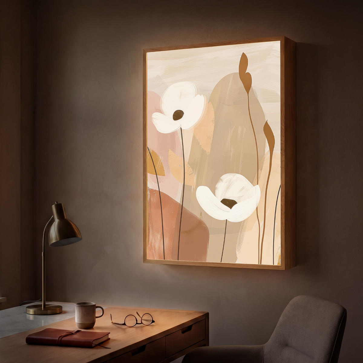 WANDLEUCHTE MIT AKKU Blumen - Abstrakt - Beige - Strichzeichnung 70x100 cm - Sandfarben, Holzwerkstoff (70/100/8cm) - OnlyWow