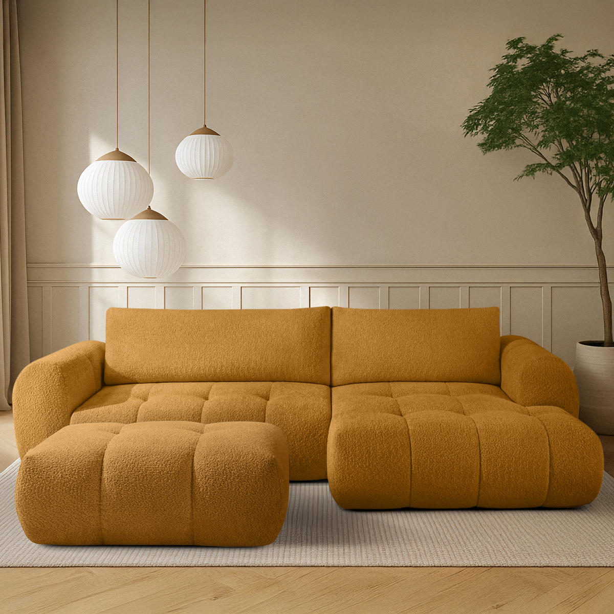 ECKSOFA MIT HOCKER LIRA, Honigfarben, Bouclé - Honig, Holz/Holzwerkstoff (96/50cm) - KONSIMO®