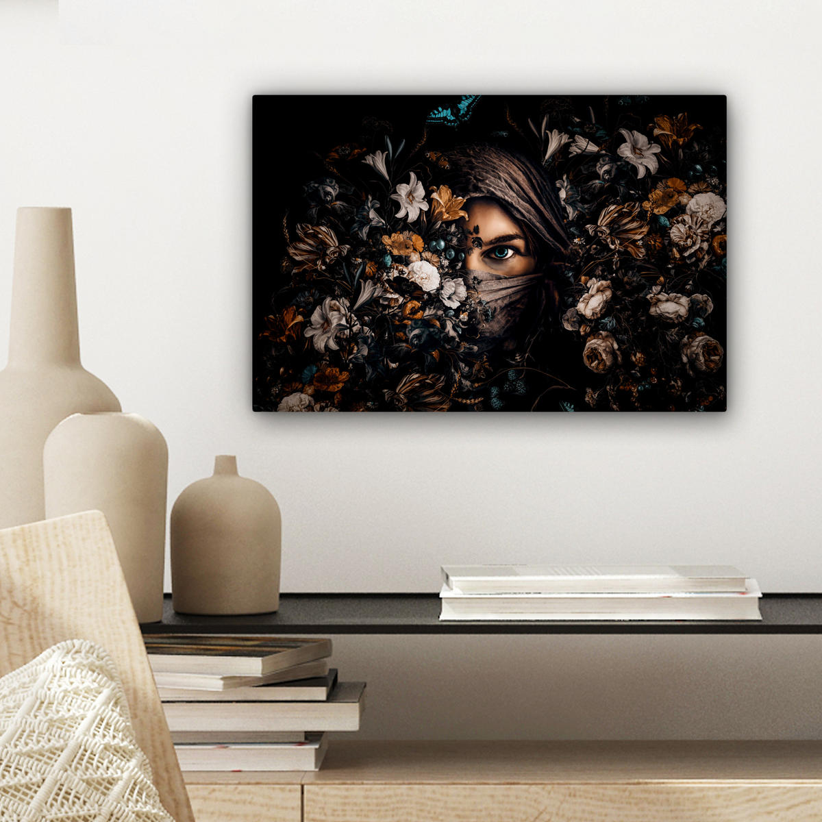 LEINWANDBILD Frau - Luxus - Blumen - Schmetterling - Porträt 30x20 cm - Schwarz, Textil (30/20cm) - MuchoWow