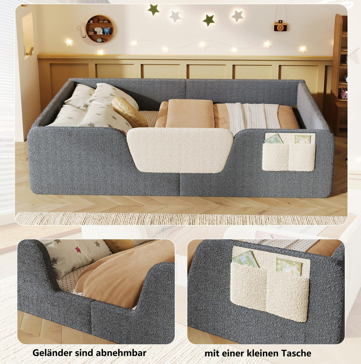 POLSTERBETT 140/200 cm grau aus Velours mit abnehmbaren Seitengittern - Grau, Textil (140/190cm) - OKWISH