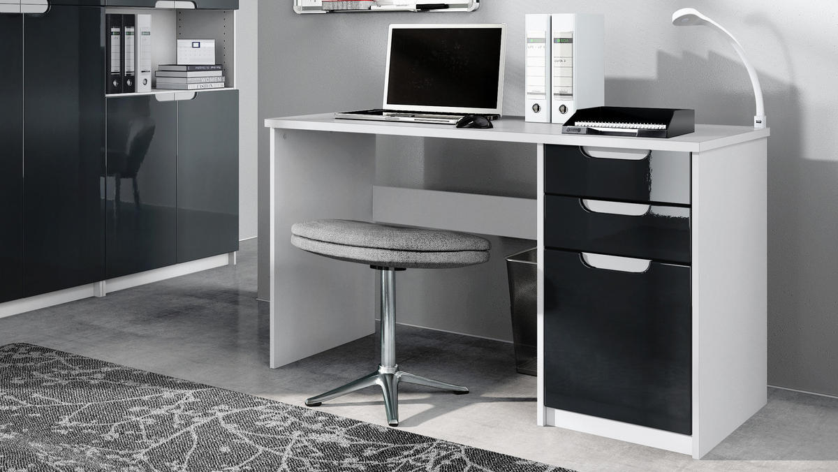 BÜROMÖBELSET Paris Schwarz Hochglanz - Schwarz Hochglanz, Holzwerkstoff (60/180/76cm) - Vladon