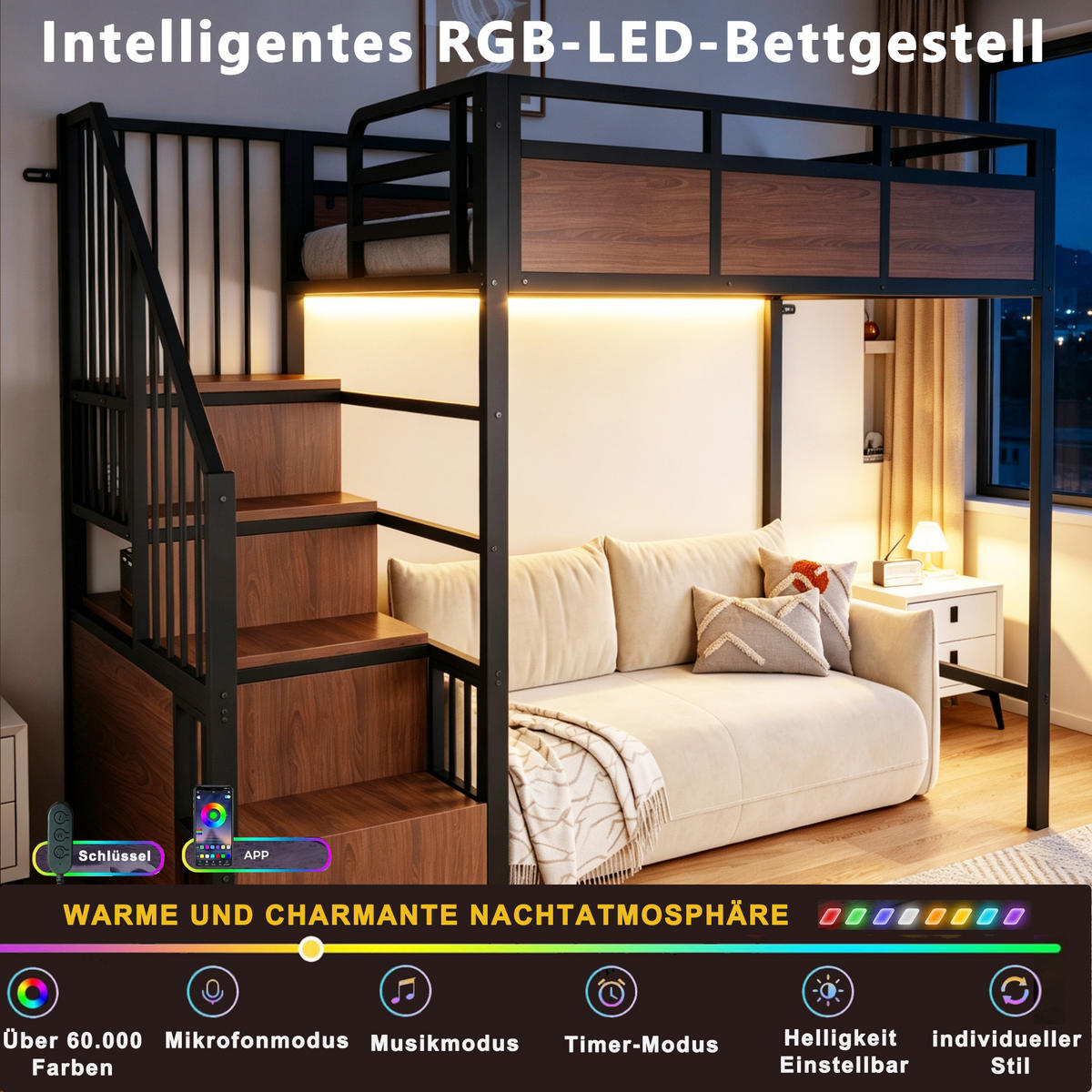 HOCHBETT 90/200 cm in Schwarz mit Stauraumleiter und LED - Schwarz, Holzwerkstoff/Metall (90/200cm) - STILVORA