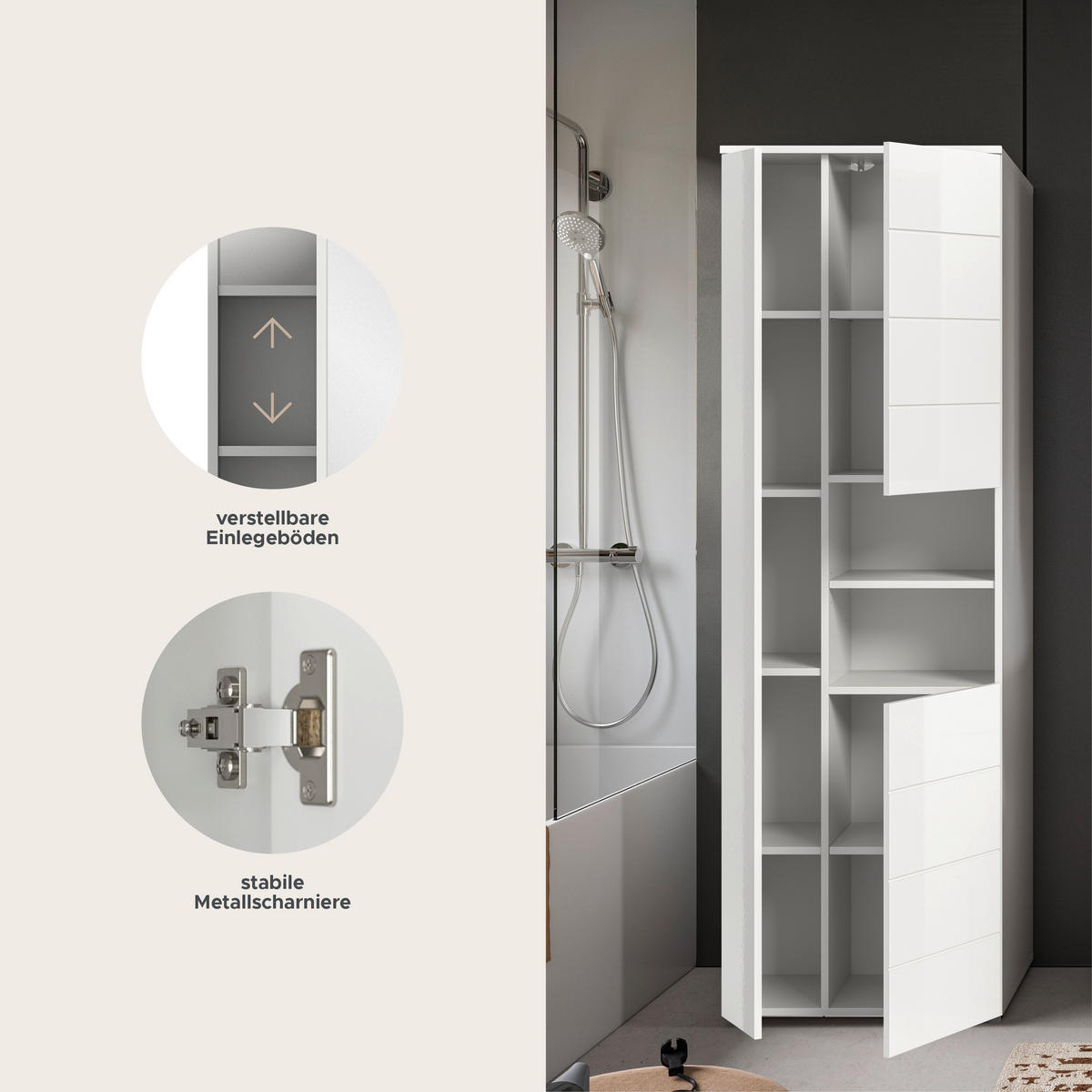 HOCHSCHRANK VIRA (B/H/T: ca. 60/190/34 cm) in weiß/weiß hochglanz - Weiß, Holzwerkstoff (60/190/34cm)