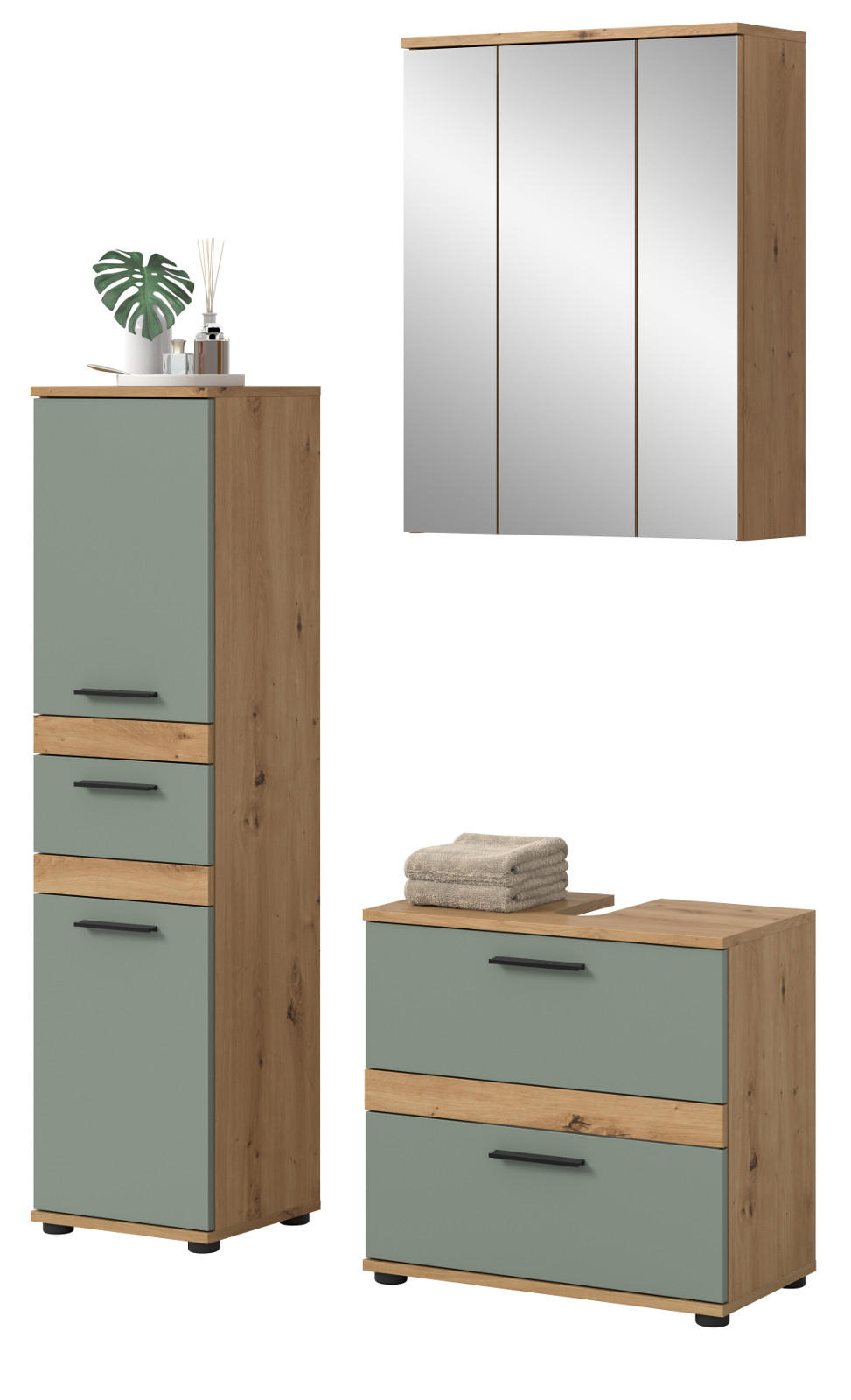 BADMÖBEL-SET 3-teilig Salbei grün, Artisan Eiche 110 x 191 cm, moderne Badkombination - Salbeigrün/Schwarz, Glas/Holzwerkstoff (110/191/34cm) - Inn.Furn