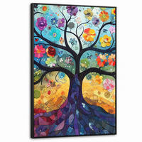 LEINWAND Bilder mit Rahmen - Kunst - Baum des Lebens - Blumen - Hippie - 100x150 - Dunkelblau, Textil (100/150cm) - MuchoWow