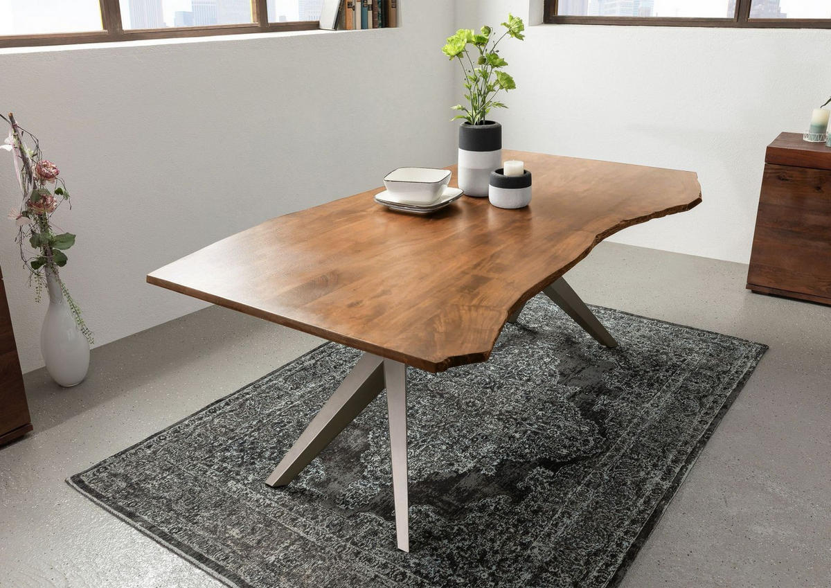 BAUMTISCH Akazie 220x100x76 natur lackiert Beine silber matt FREEFORM 4 #47 - Silberfarben/Naturfarben, Holz (100/220/76cm) - Massivmoebel24