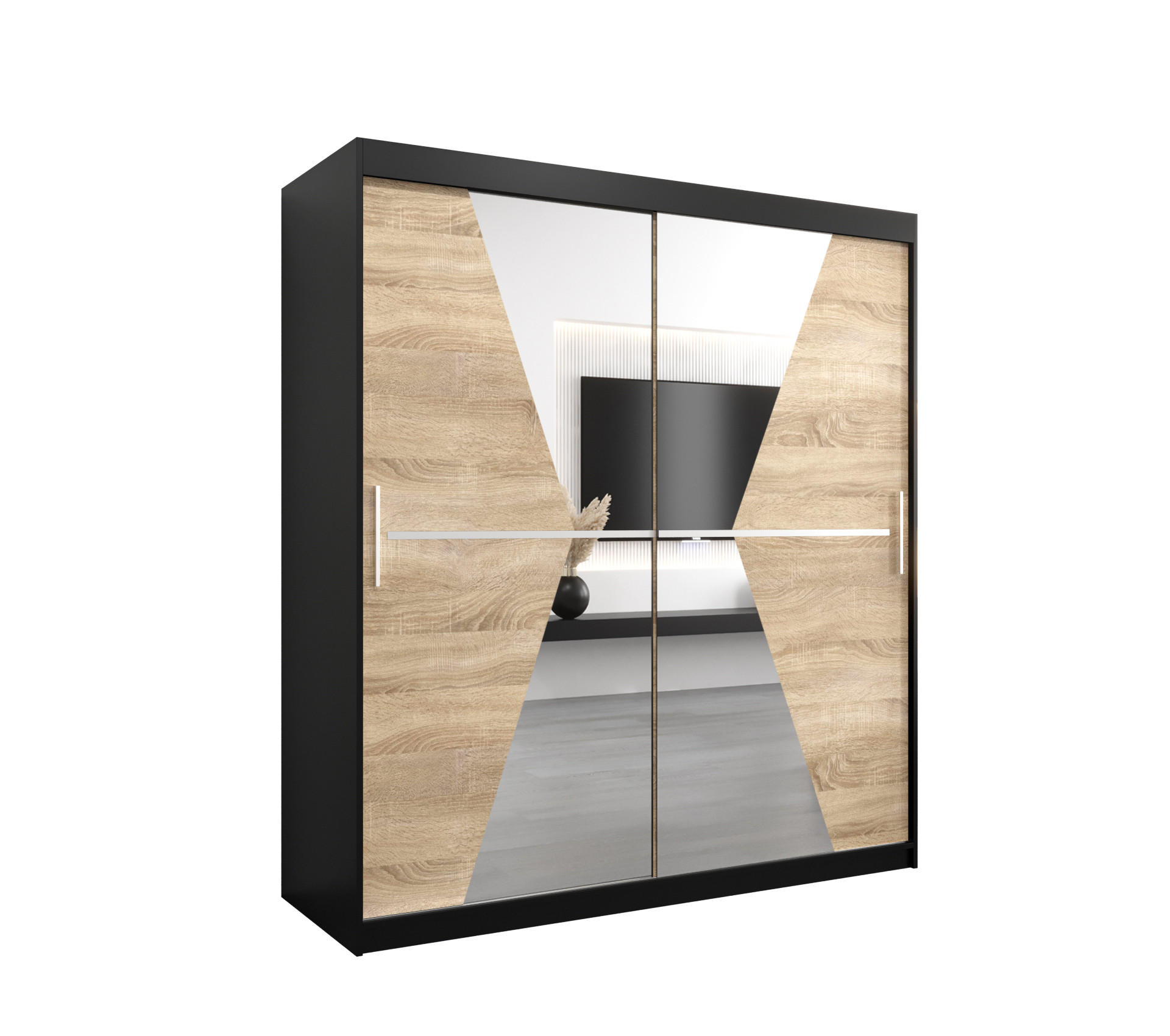 Abiks Möbel Schwebetürenschrank Schwarz, Sonoma Eiche 180x200x62 cm
