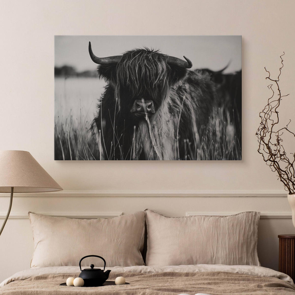 LEINWANDBILD Für Esszimmer Schottische Hochlandrind Kuh Tier 3D 30/20 cm - Schwarz/Weiß, Textil (30/20cm) - Muralo