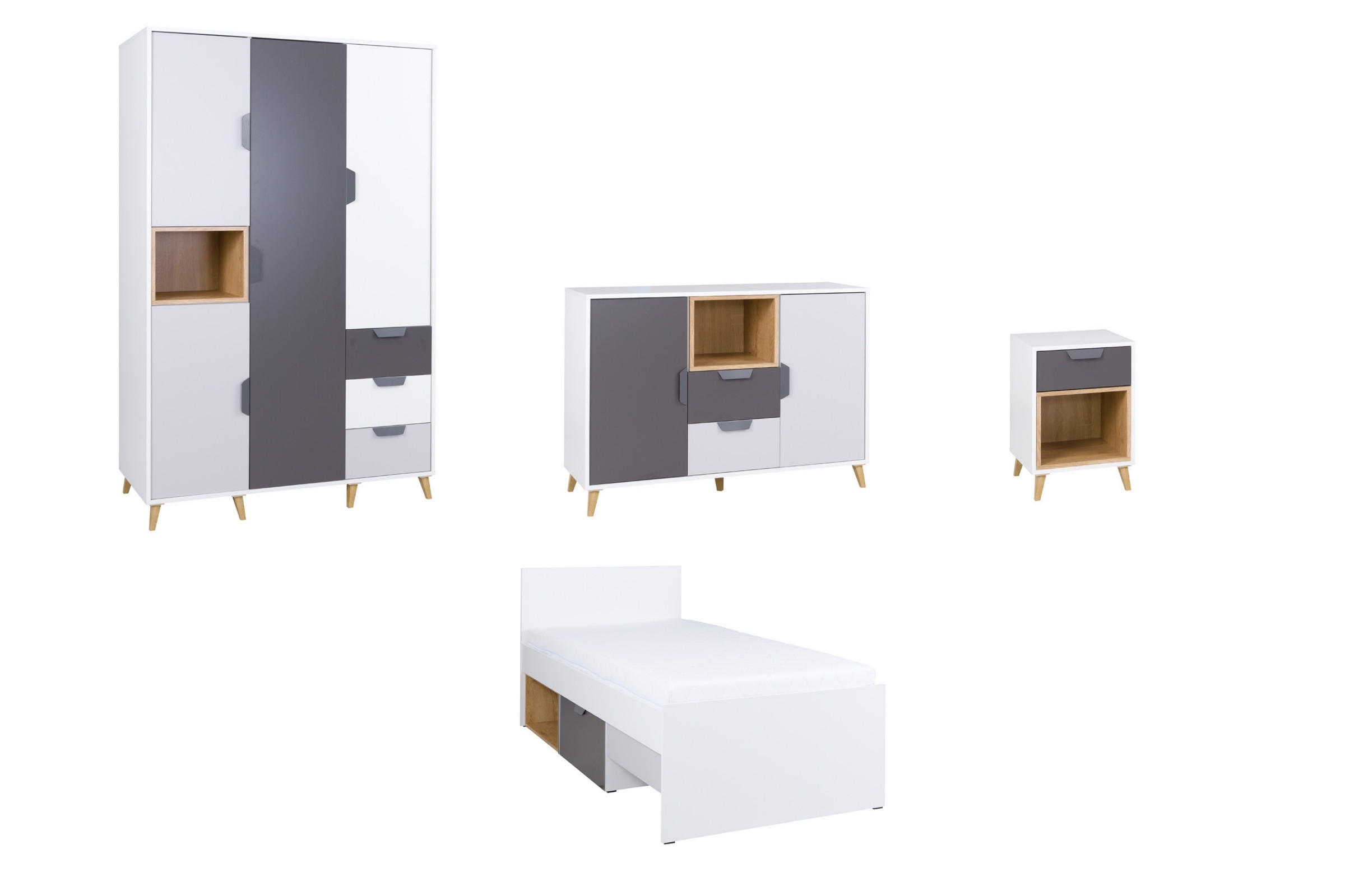 JUGENDZIMMER-SET JUSTIN A 4-teilig in Weiß / Graphit / Grau / Eiche - Eichefarben/Graphitfarben, Holzwerkstoff (377/190/204cm) - Deine Möbel 24