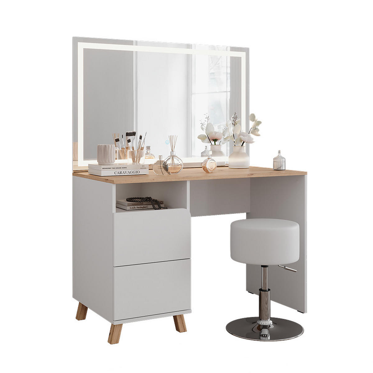 SCHMINKTISCH Karen Weiß/Artisan 110 cm mit Hocker und LED-Spiegel - Weiß/Eiche Artisan, Holzwerkstoff (110/75/55cm) - Vicco
