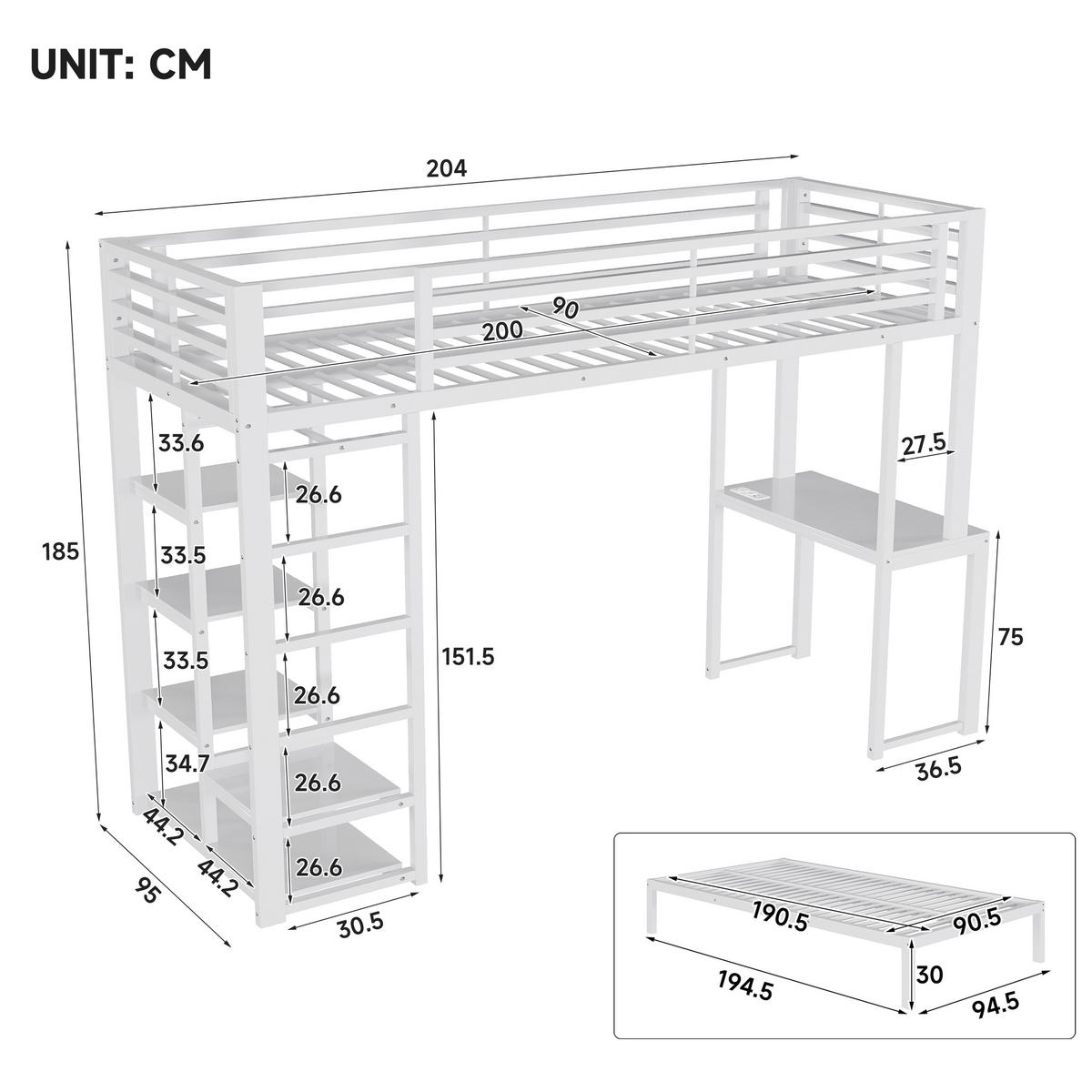 HOCHBETT 90/200 cm mit Schreibtisch und Regalen, DE-41974, in Weiß - Weiß, Metall (90/200cm) - ComfortXL