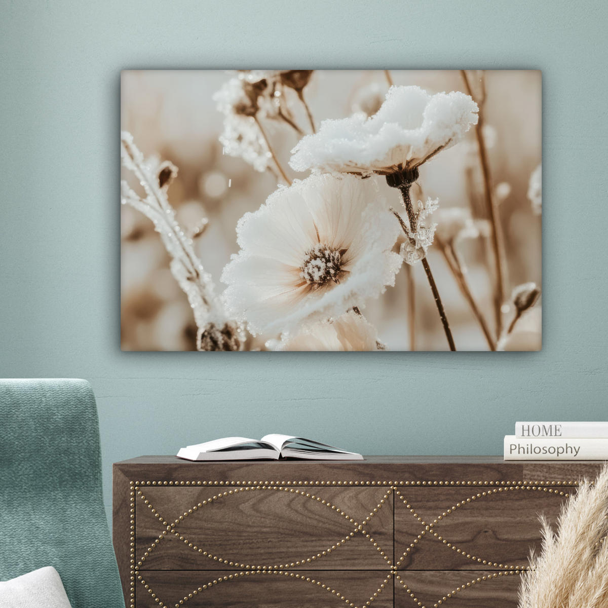 LEINWANDBILD Blumen - Winter - Weiß - Schnee - Beige Wanddeko 90x60 cm - Creme, Textil (90/60cm) - MuchoWow