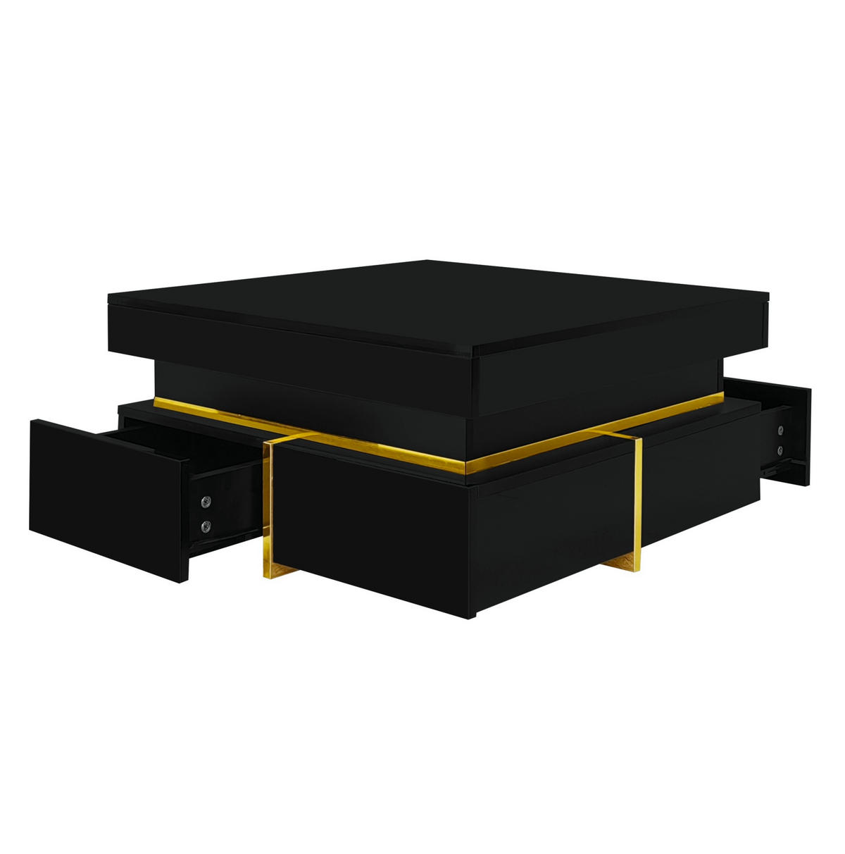 COUCHTISCH 70/70/35,5 cm mit 2 Schubladen, Hochglanz und goldfarbenen Akzenten, Schwarz - Schwarz, Holzwerkstoff (70/70/35.5cm) - Redom