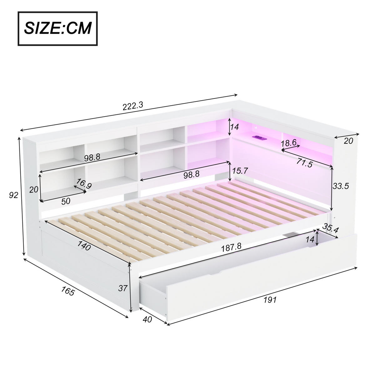 MULTIFUNKTIONSBETT 140x200 cm in Weiß mit Schubladen, LED-Beleuchtung und USB-Anschluss - Weiß, Holzwerkstoff (140/200cm) - IVMEU