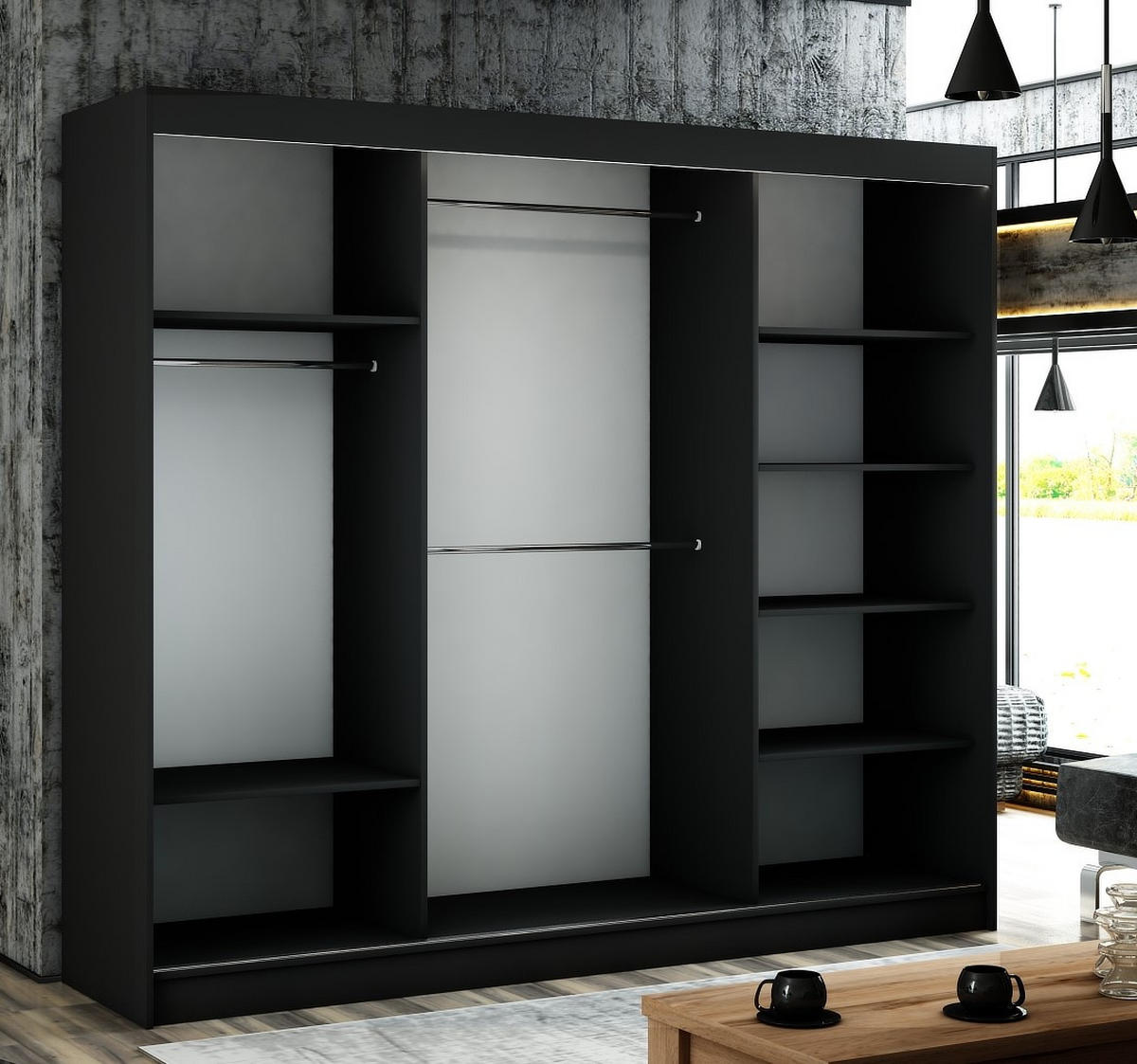 SCHWEBETÜRENSCHRANK Venus 250 cm mit Spiegel 3-türig, schwarz, lacobel grau - Schwarz/Grau, Kunststoff (250/215/61cm) - Margaret Hadas24