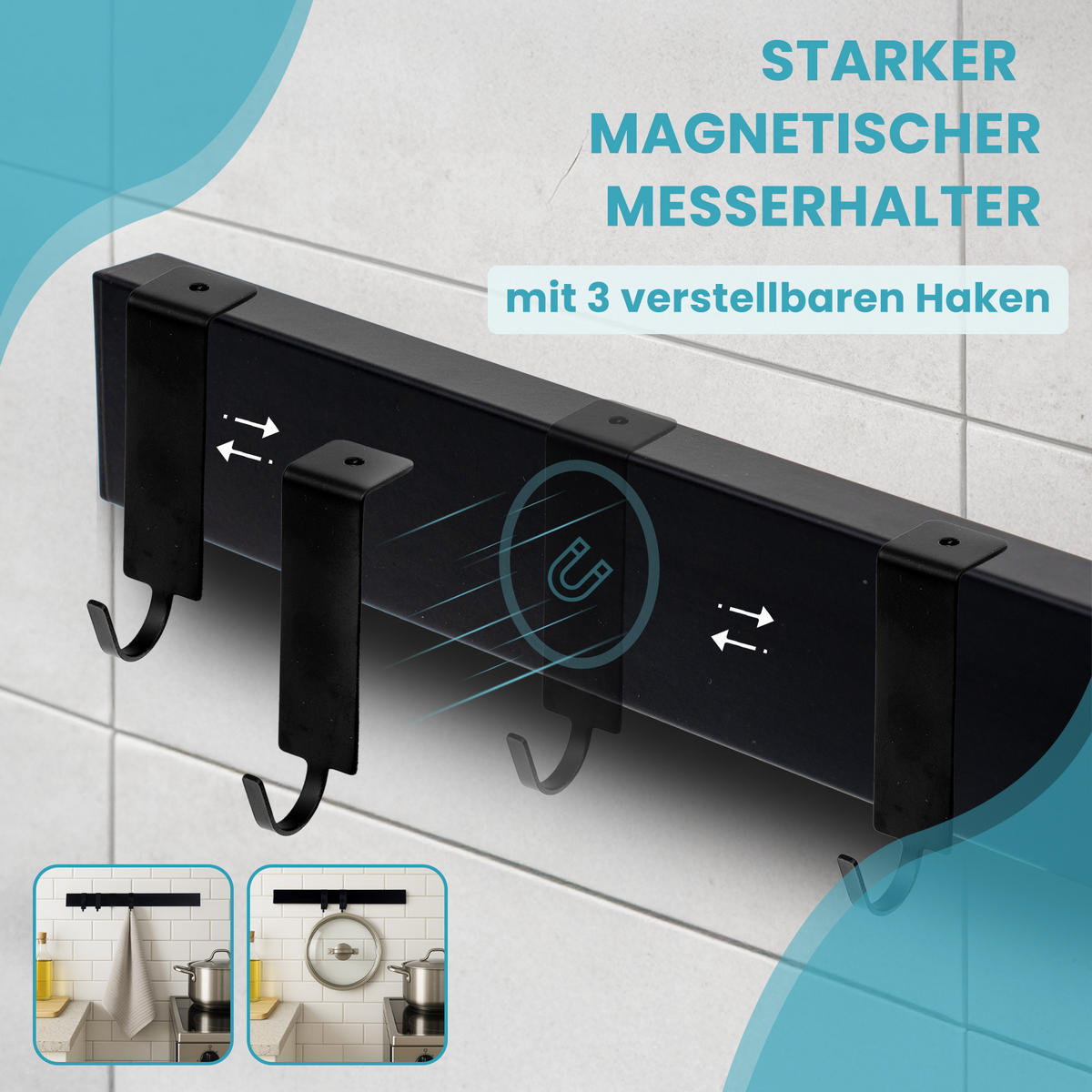 MESSERLEISTE 40cm breit inkl. 3 Haken Schwarz - Schwarz, Metall (40/4/1.5cm) - CHEFGASTRO