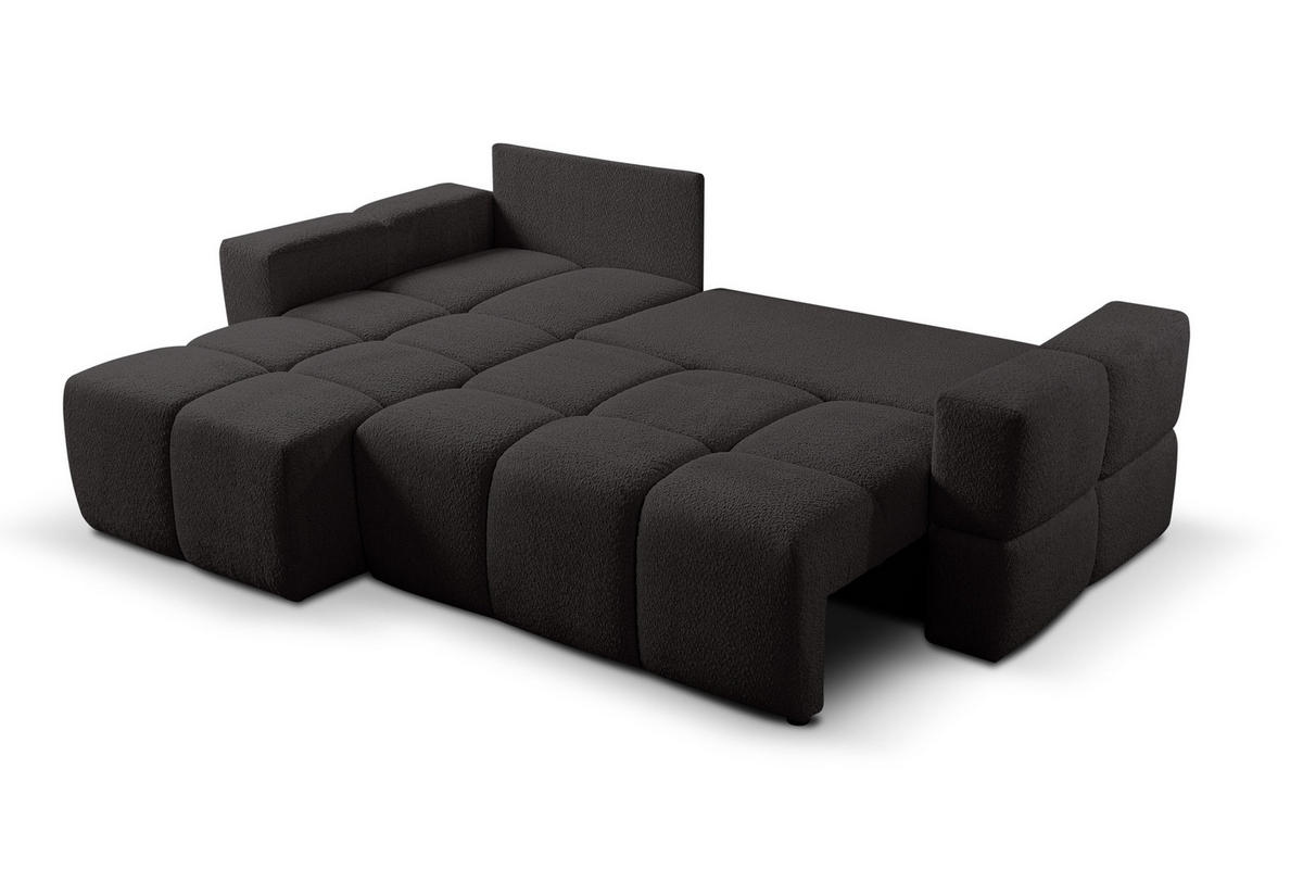 ECKSOFA LUSSO mit Schlaffunktion und Bettkasten, Farbe: Schwarz, Bouclé-Stoff, Ottomane Universal - Schwarz, Textil (255/165cm)