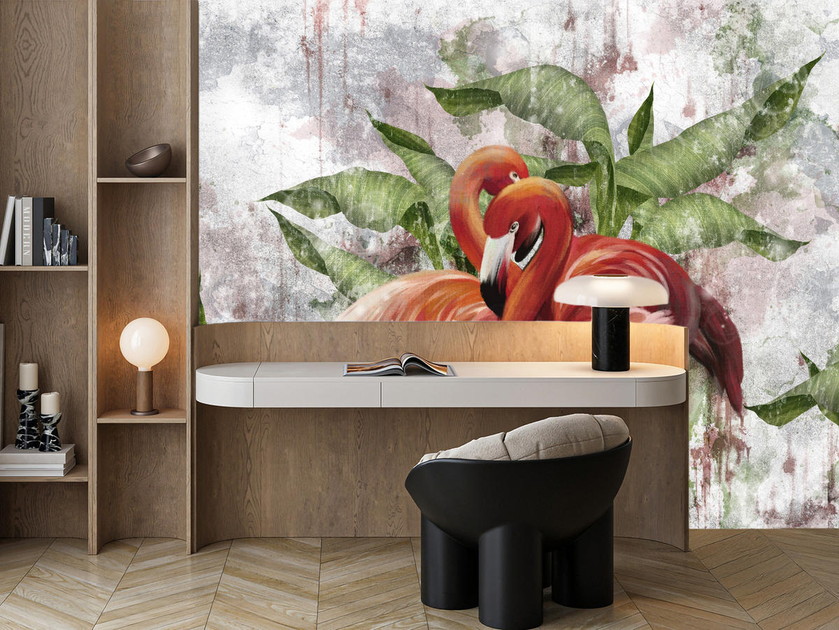 FOTOTAPETE für Schlafzimmer Abstrakte Flamingos Beton Tropische Blätter Palmen Natur 450x315 - Multicolor, Papier (450/315cm) - Muralo
