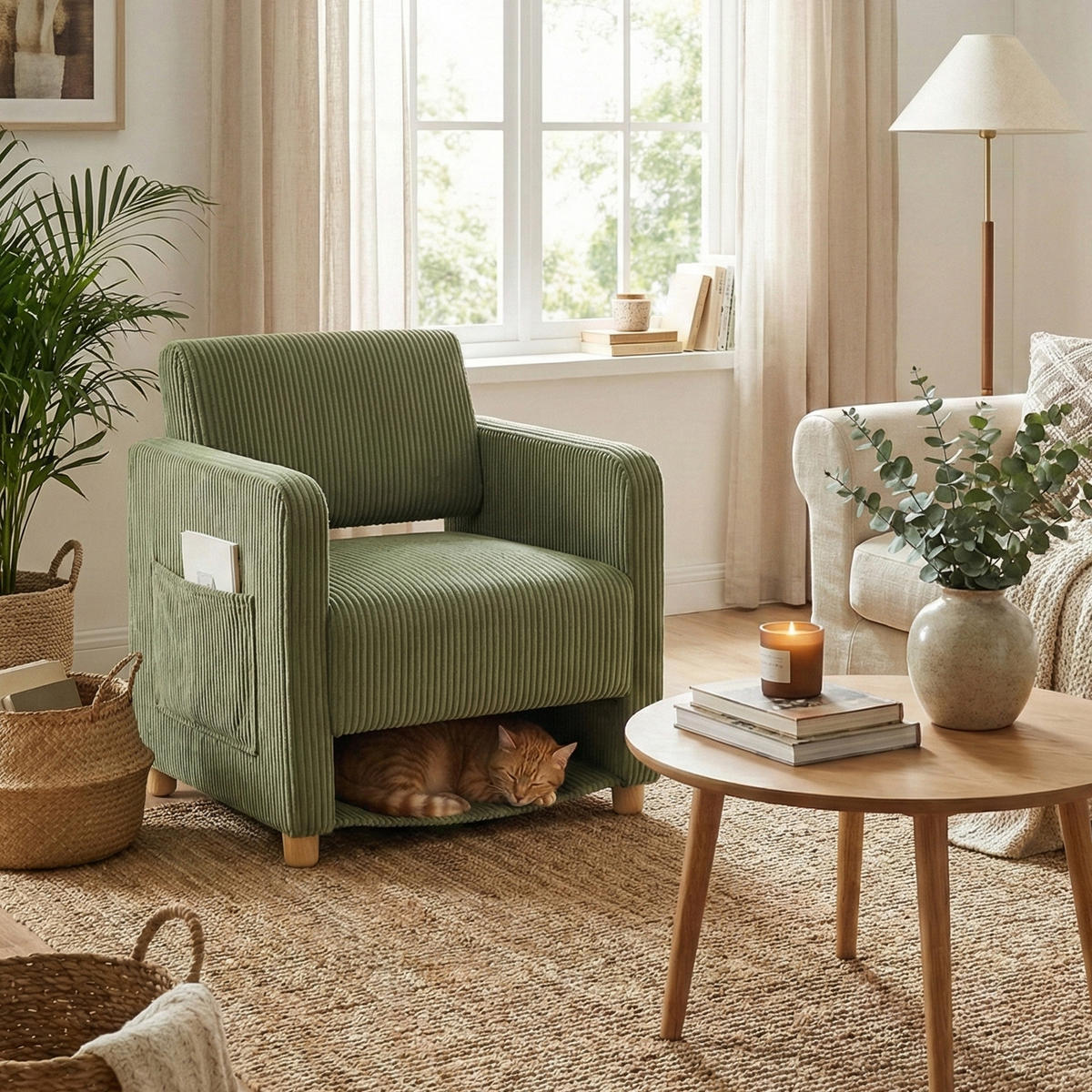 SESSEL, 2er-Set, mit Armlehnen, Cordbezug und Massivholzfüßen, Grün - Grün, Holz (66/76.5/73.5cm) - Meubles Cosy