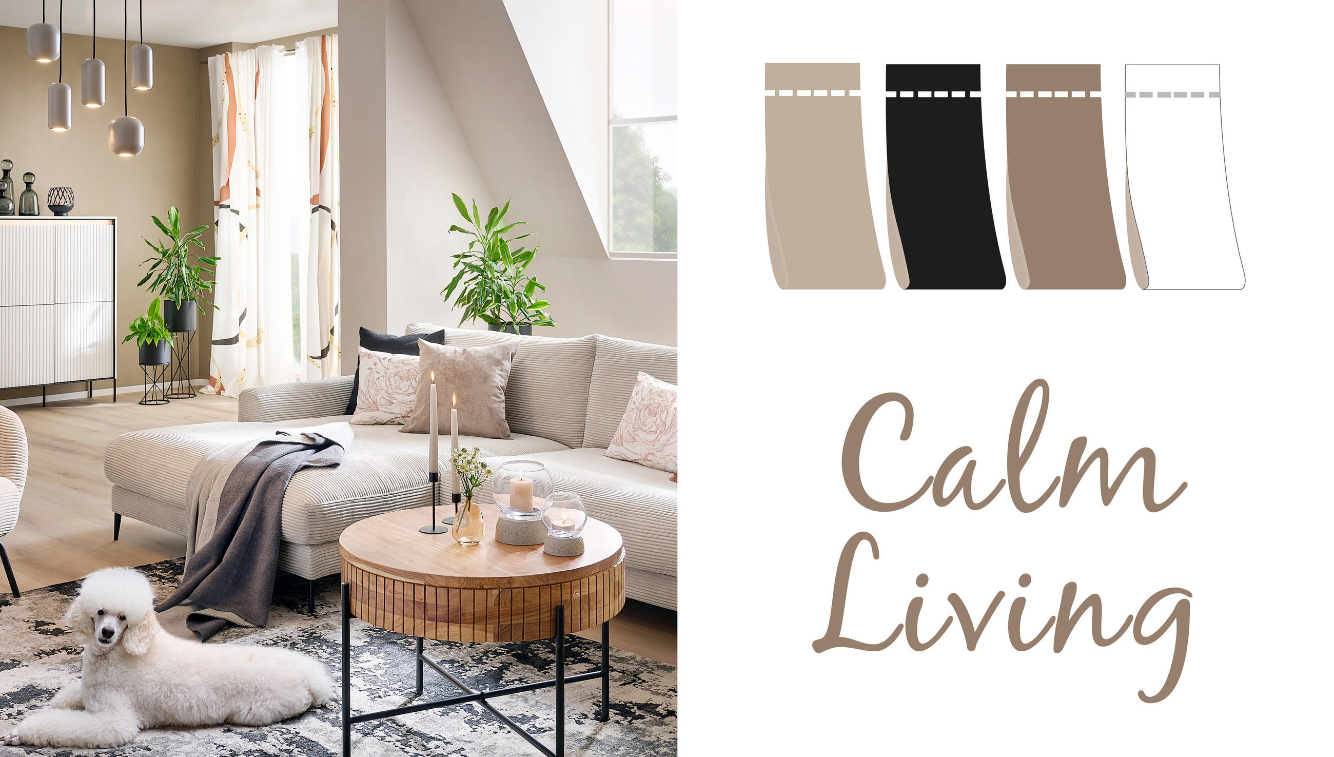 MyHome Thema Calm Living, Wohnzimmer mit Einrichtung in Naturfarben, Farbpalette schwarz weiß beige braun