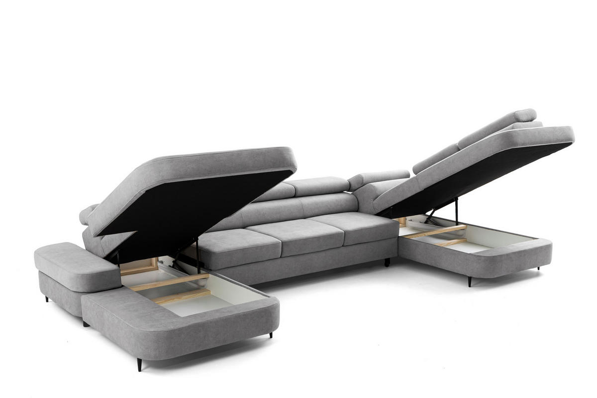 WOHNLANDSCHAFT PRIAM MAXI U – XXL Ecksofa U-form 400 cm inkl. Schlaffunktion, 2 Bettkästen & Kopfteilverstellung Hellgrau - Hellgrau, Holz/Textil (400/91/203cm) - Muffo