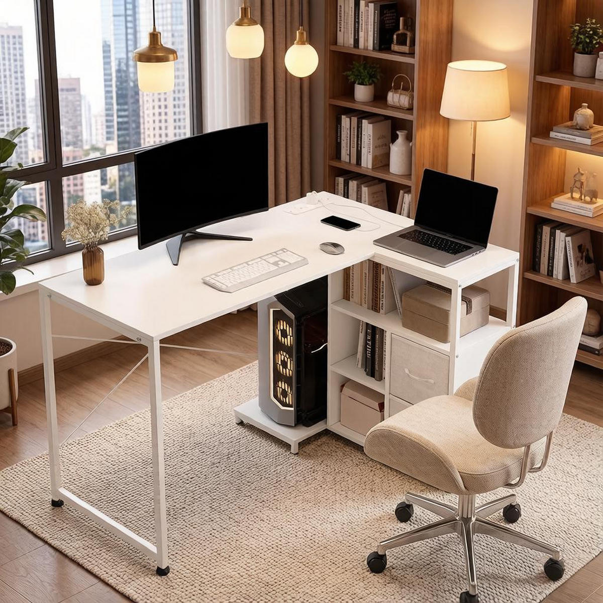 ECKSCHREIBTISCH Weiß 120/80/76 cm mit Stromanschluss USB Typ-C & Stoffschubladen - Weiß, Metall (120/80/76cm) - PANGIVO